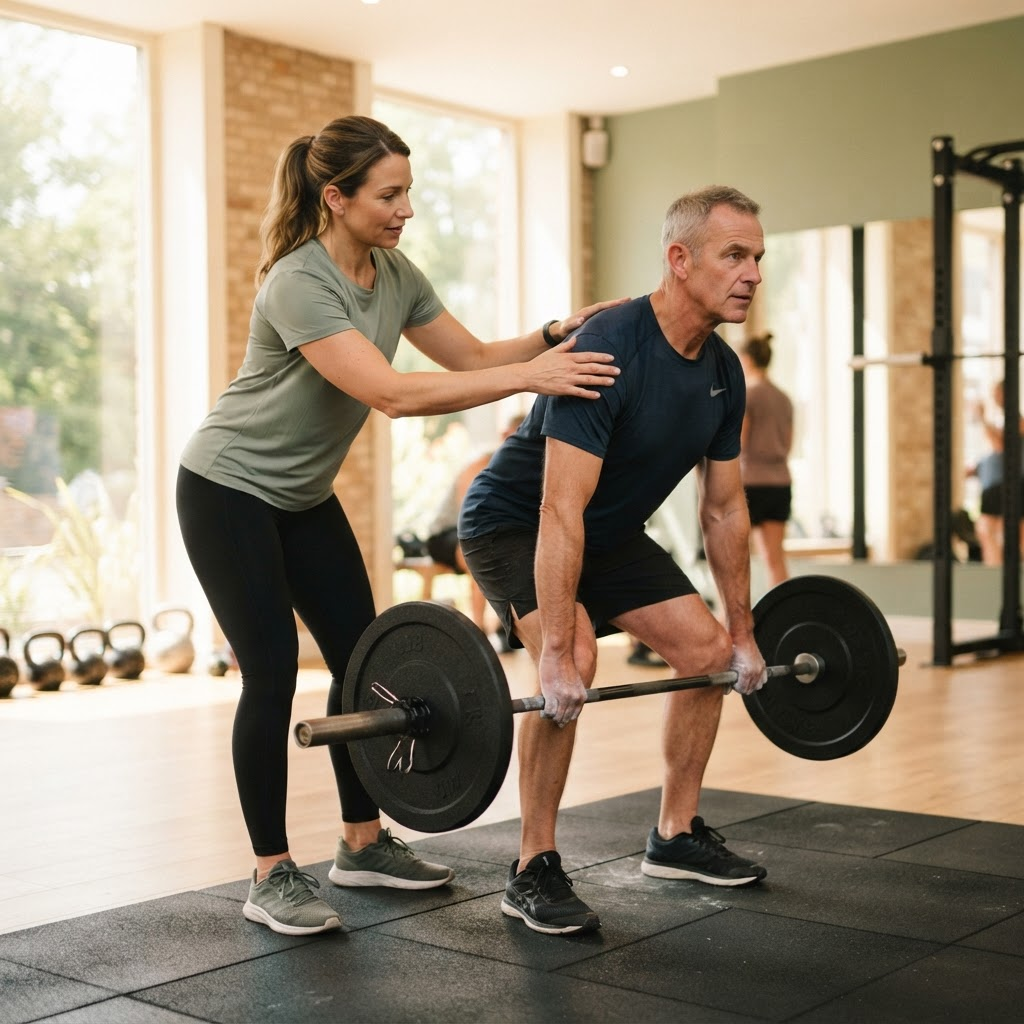 A coach guiding a client through a barbell deadlift