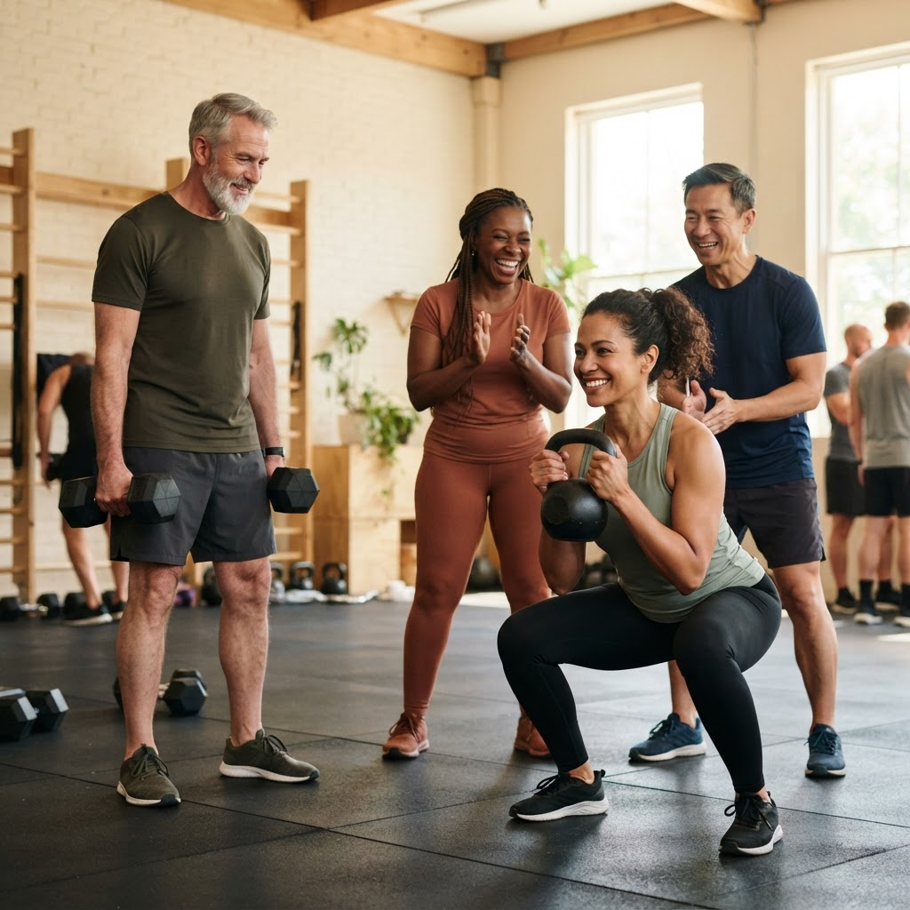 A small group of adults training together in a bright gym
