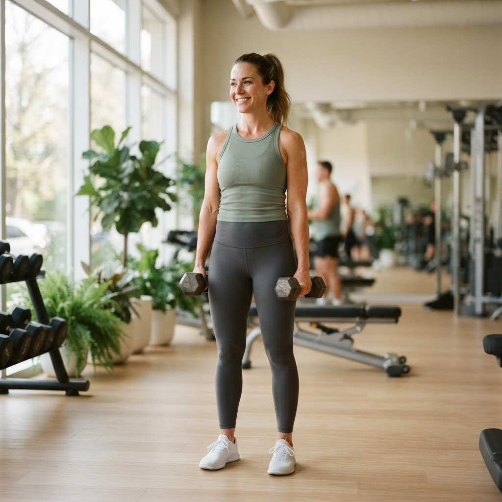 A woman in a sage green top holding dumbbells in a bright gym